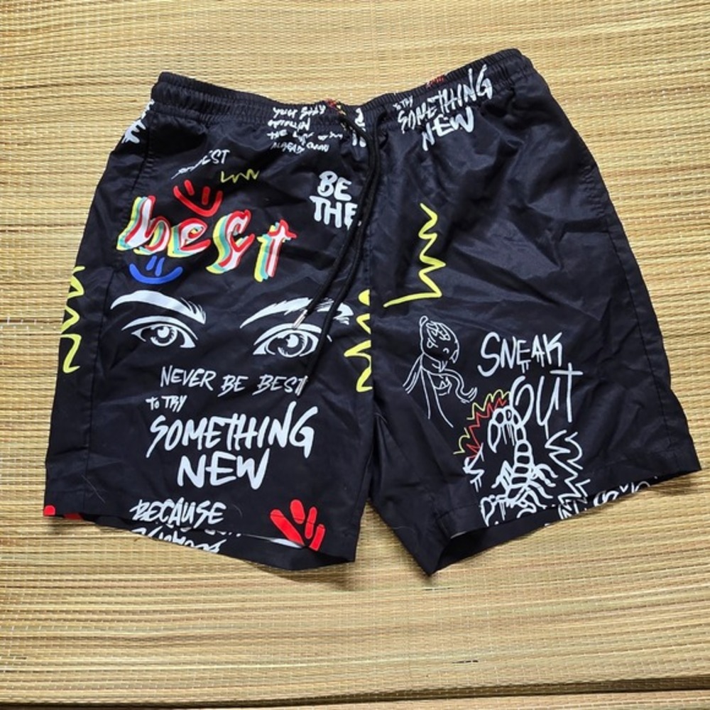 SHEIN Mens Graffiti Print Shorts Black Multi Color Streetwear Casual Size L